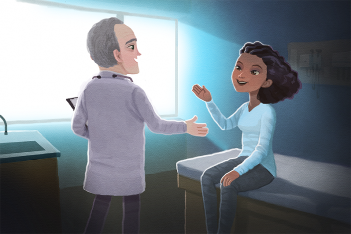 An illustration of a doctor happily speaking with a patient.