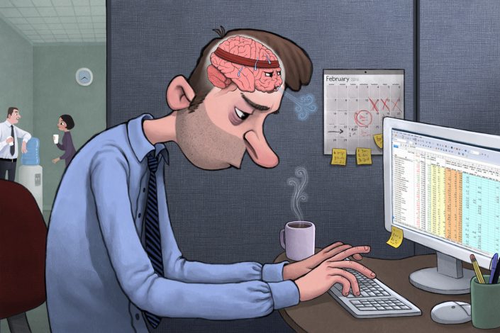 illustration of a man working at a computer while is brain tires from the effort