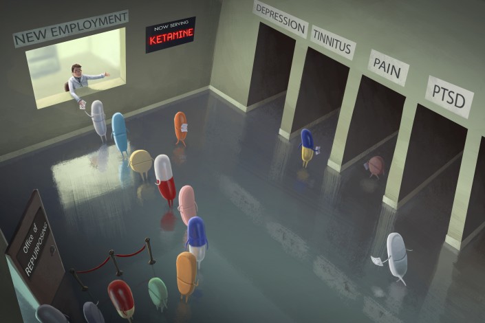 An illustration that show drug capsules applying for new employment as repurposed drugs