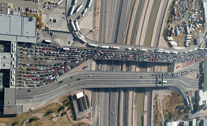 Aerial view of traffic stacking up at US-Mexico border